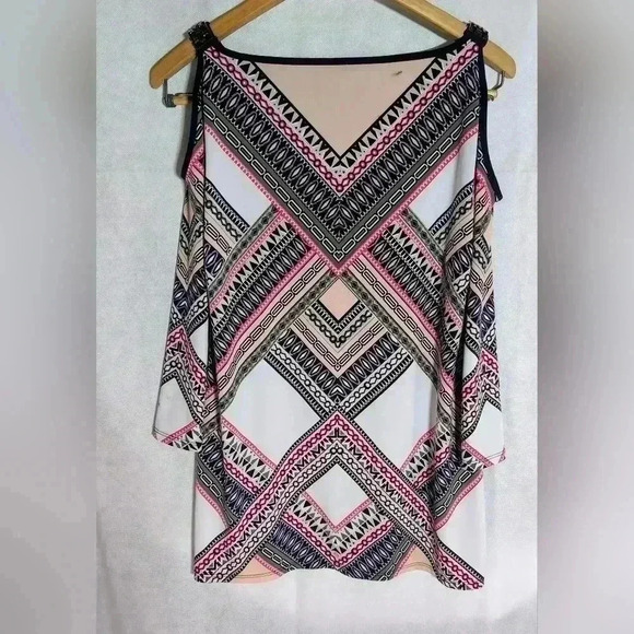 JM Collection Lades long sleeve open shoulder blouse sz S - Picture 2 of 7